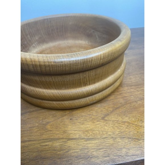 Vintage Wooden Bowl Centerpiece Wood Carved 10" Round Serving Bowl - Picture 3 of 6